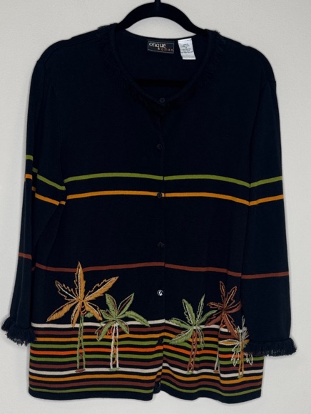 Onque Woman Black Cardigan with Multicolor Stripe & Palm 1X